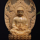 Hand-Carved Wooden Buddha Statue with Lotus Throne & Mandorla – 29cm Buddhist Art