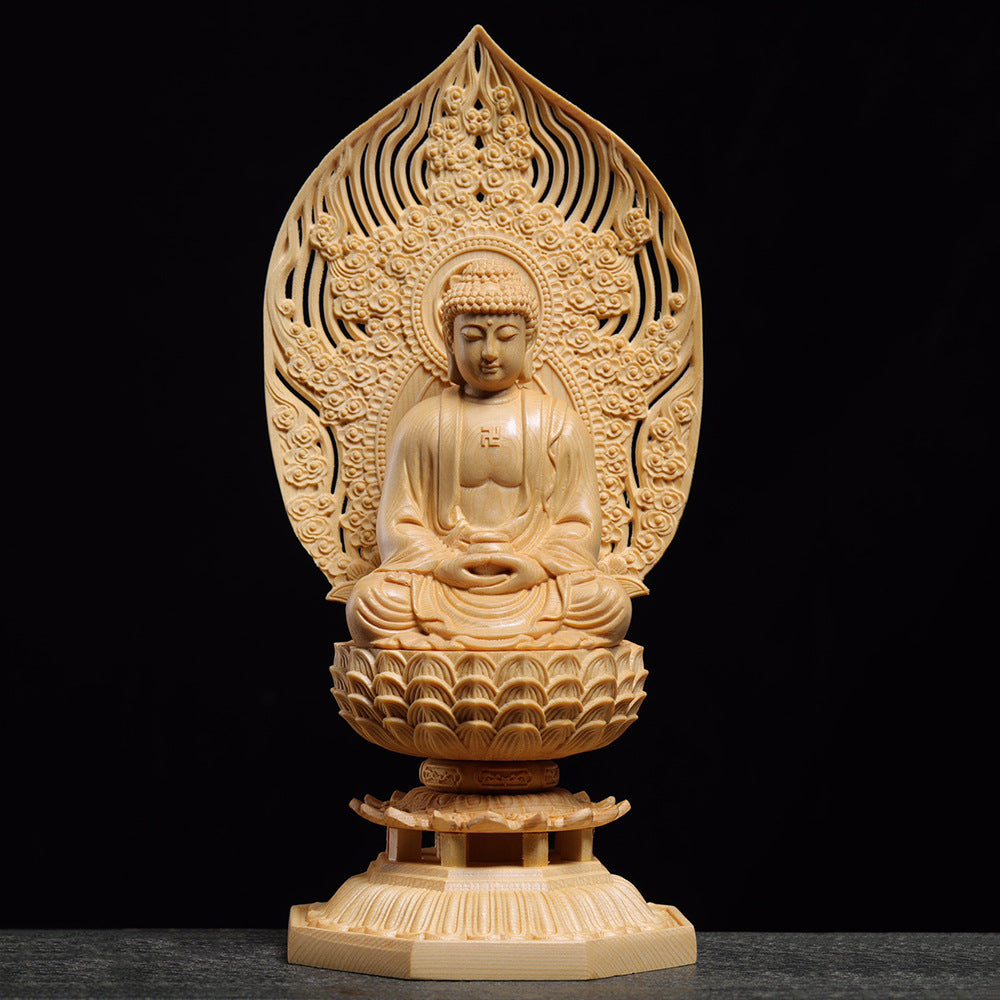 Wood carved Buddhist statue trio with lotus bases and flame mandorlas