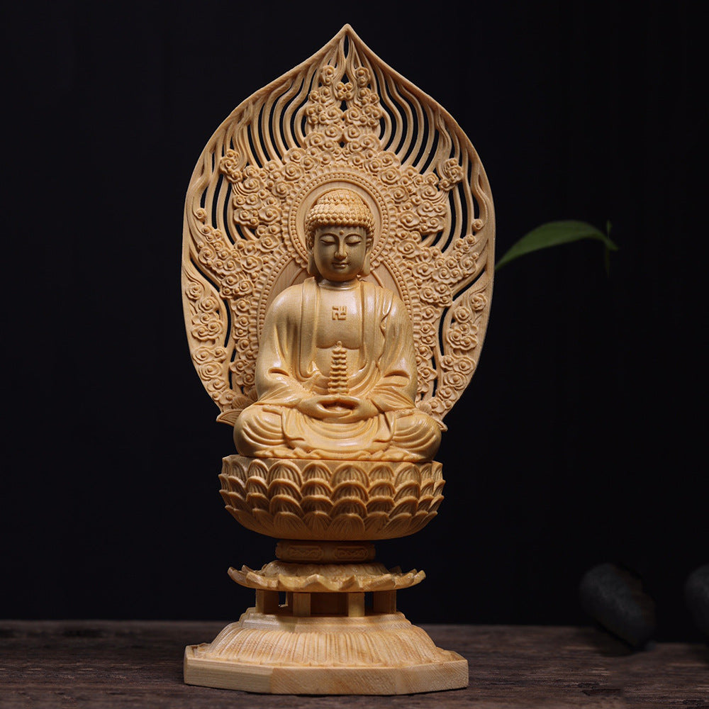 Wood carved Medicine Buddha statue with lotus throne and carved halo