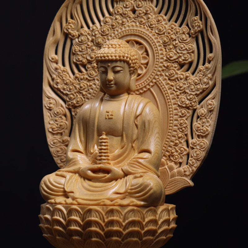 Wood carved Shakyamuni Buddha statue with layered lotus pedestal