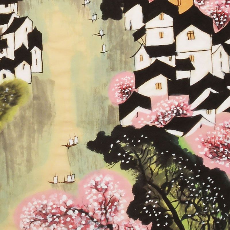 Detail of hand-painted Jiangnan water town landscape after Wu Guanzhong style, mountains, white houses and pink blossoms