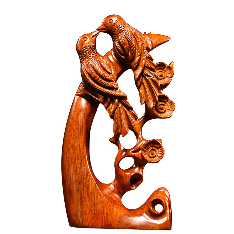 Xi Shang Mei Shao paired birds and flowering branch solid wood carving on white background
