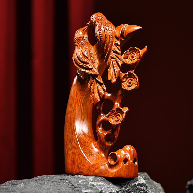 Solid wood Xi Shang Mei Shao bird and blossom carving for Chinese living room study office and housewarming decor