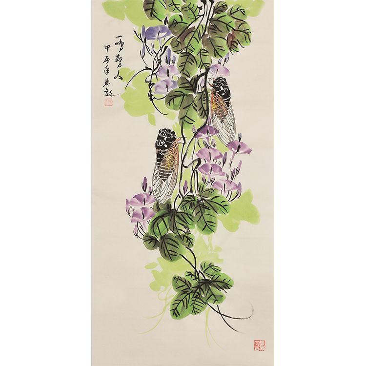 Hand-painted Chinese xieyi flower and bird style painting with cicadas and purple blossoms