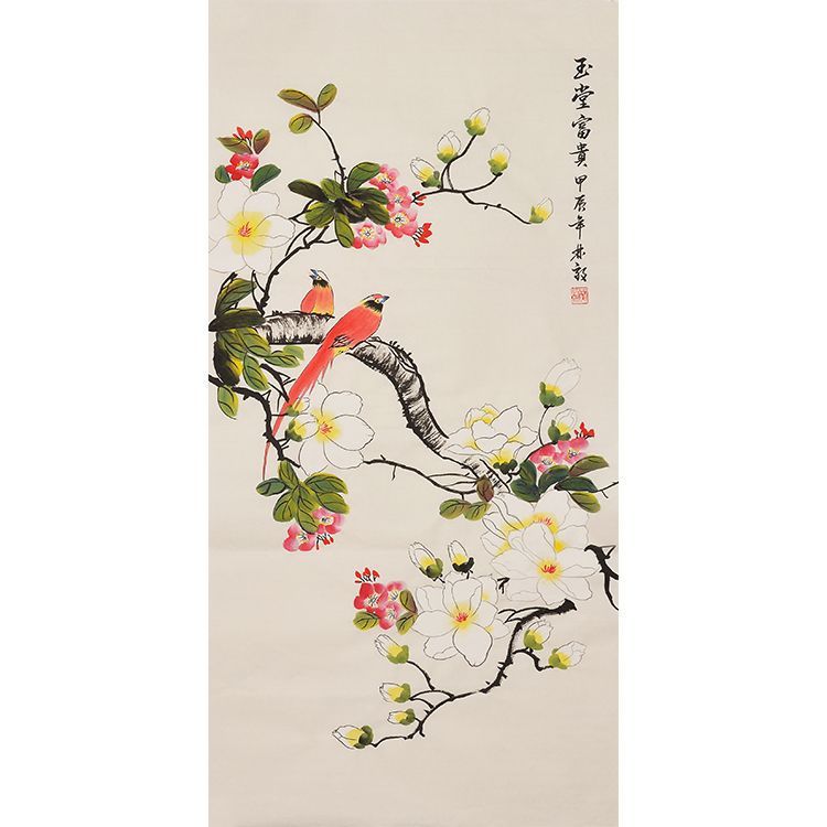 Hand-painted Chinese xieyi magnolia and bird painting, traditional floral wall art