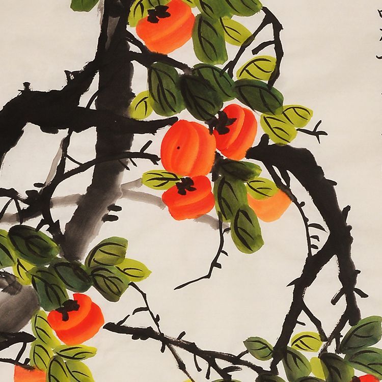 Detail of hand-painted Chinese xieyi persimmon painting with orange fruit and ink branches
