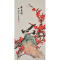 Hand-painted Chinese xieyi flower and bird painting with red plum blossoms and magpies