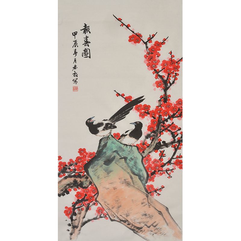 Hand-painted Chinese xieyi flower and bird painting with red plum blossoms and magpies
