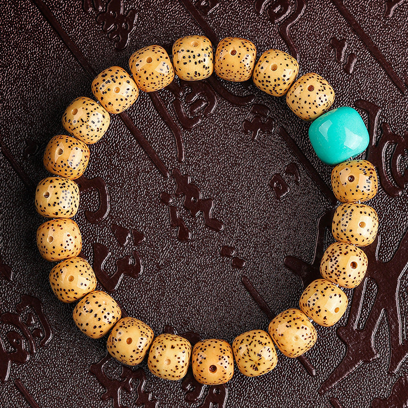 Golden Xingyue Bodhi seed single-wrap bracelet with turquoise-tone accent bead
