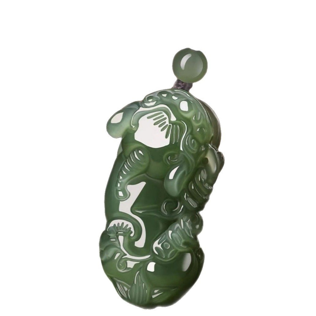 Certified green nephrite vertical Pixiu pendant isolated product view