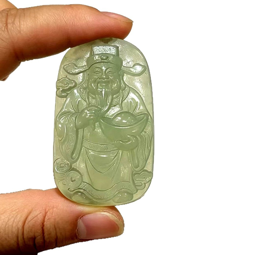 Natural Xiuyan jade Wealth God carved plaque held in hand