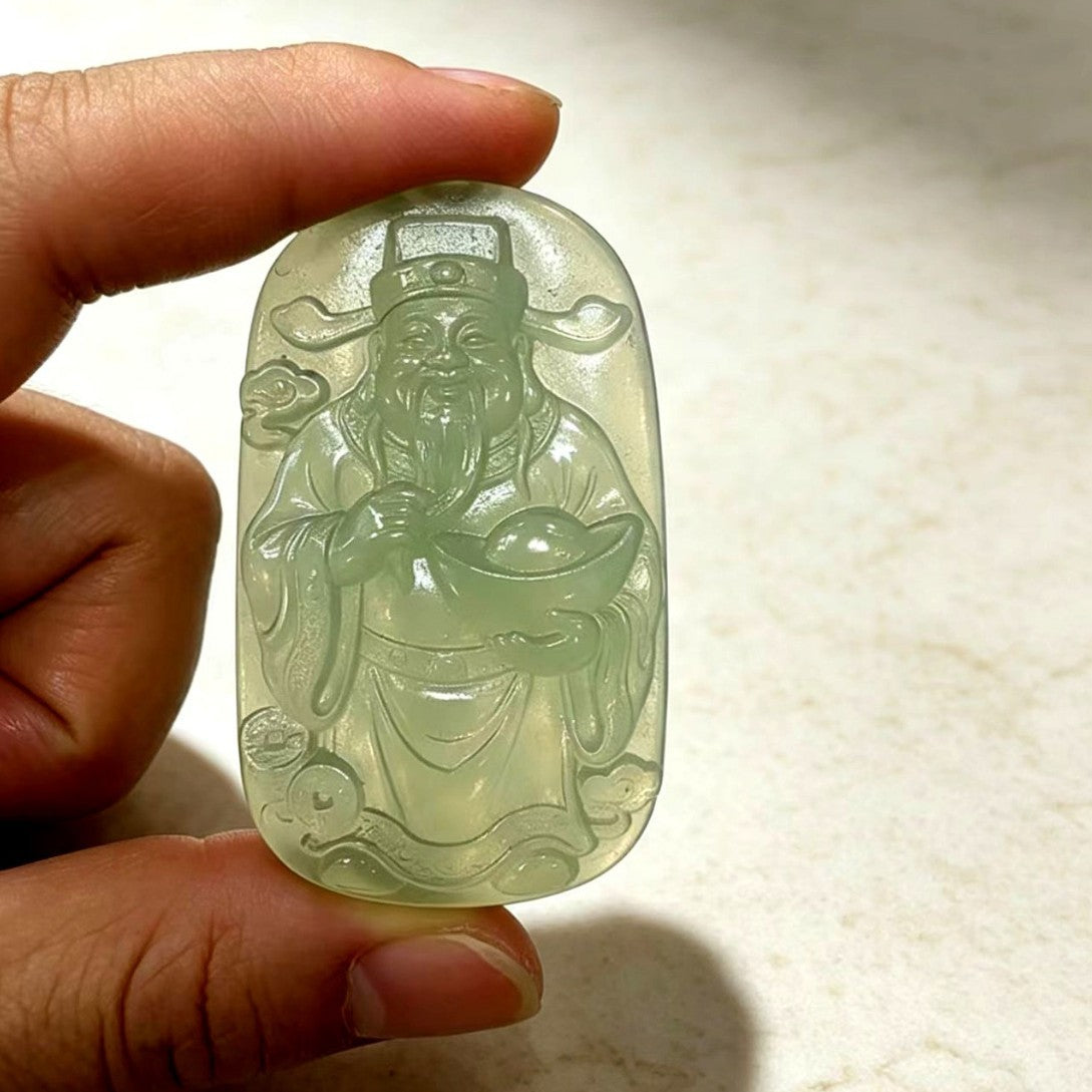 Xiuyan jade Wealth God plaque pendant detailed carving