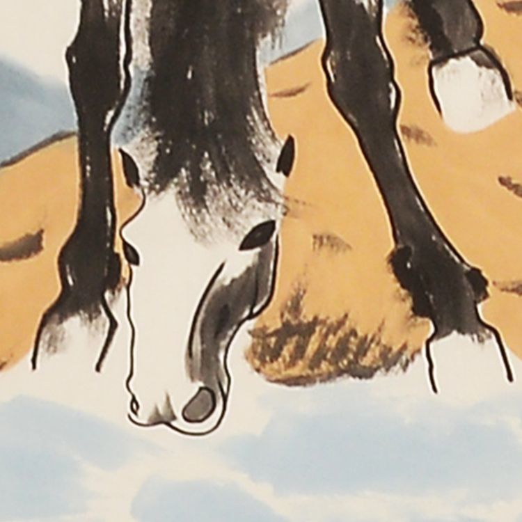 Detail of hand-painted Chinese horse head drinking water, Xu Beihong inspired expressive ink brushwork