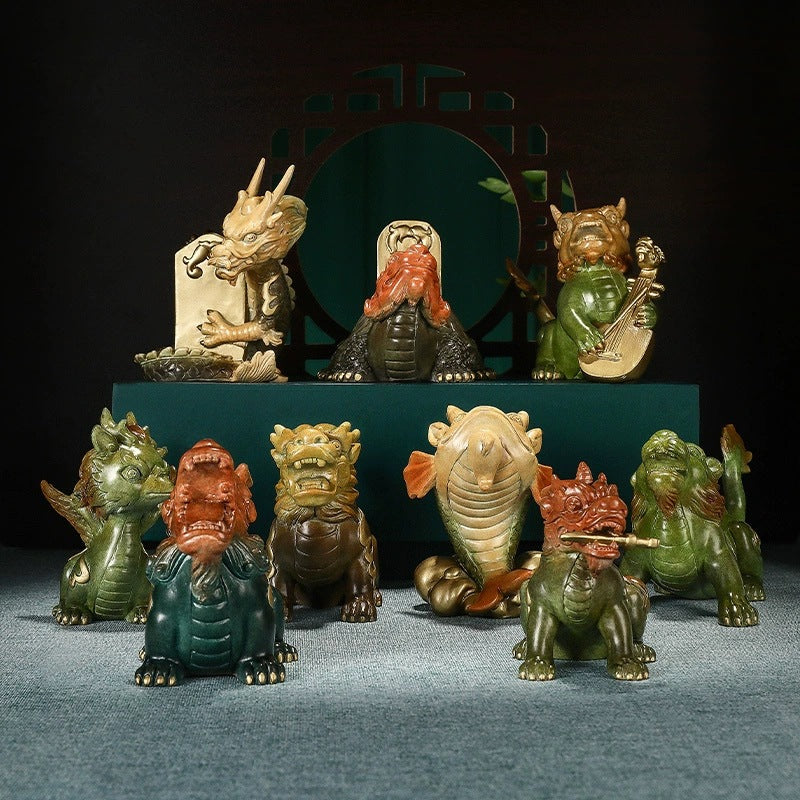 Complete Yellow Brass Nine Sons of the Dragon Long Jiu Zi Chinese mythology sculpture collection