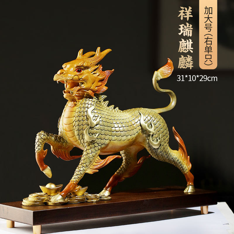 Single yellow brass Qilin Kirin auspicious beast sculpture with ingots on wooden display base for Chinese home and office decor