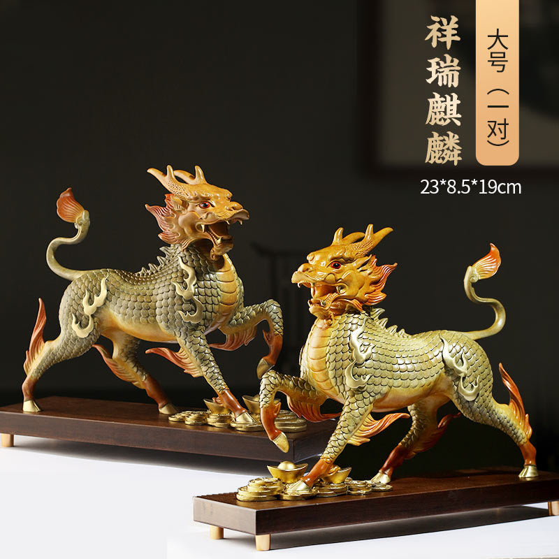 Pair of yellow brass Qilin Kirin auspicious beast sculptures on display bases for living room office entrance and business opening decor