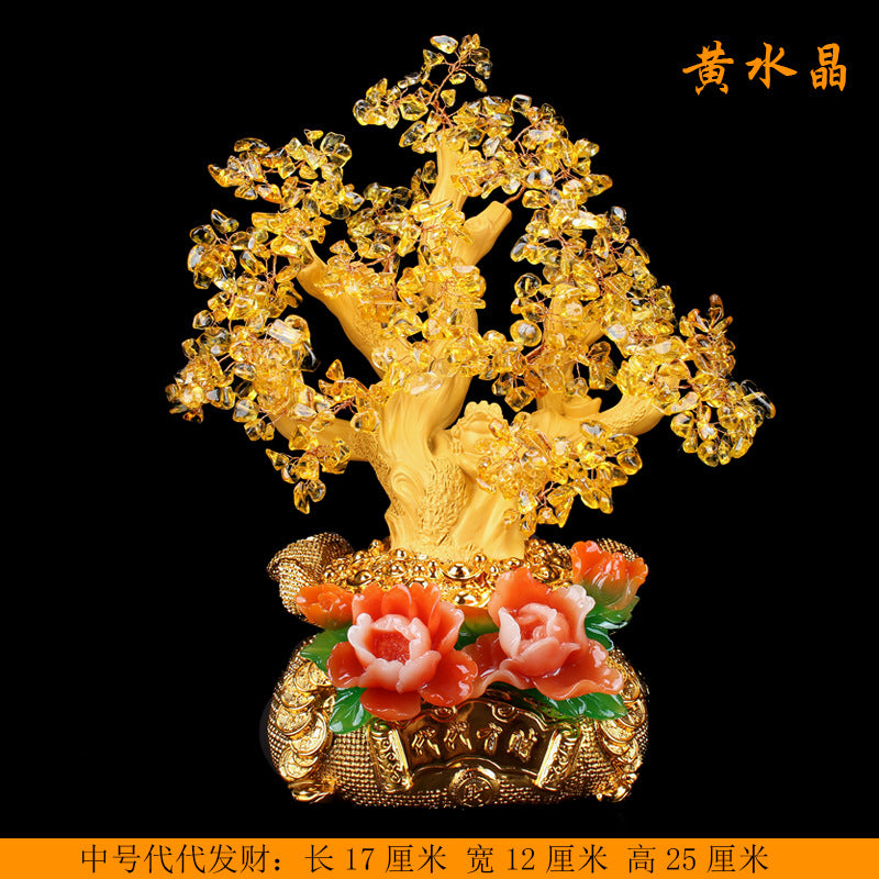 Yellow crystal-chip money bag fortune tree with hanging coins for Chinese auspicious office shop entrance and business gift decor