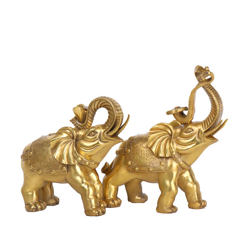 Pair of Chinese copperware auspicious elephants with raised trunks, yuanbao ingot and ruyi-style details for office and entrance decor