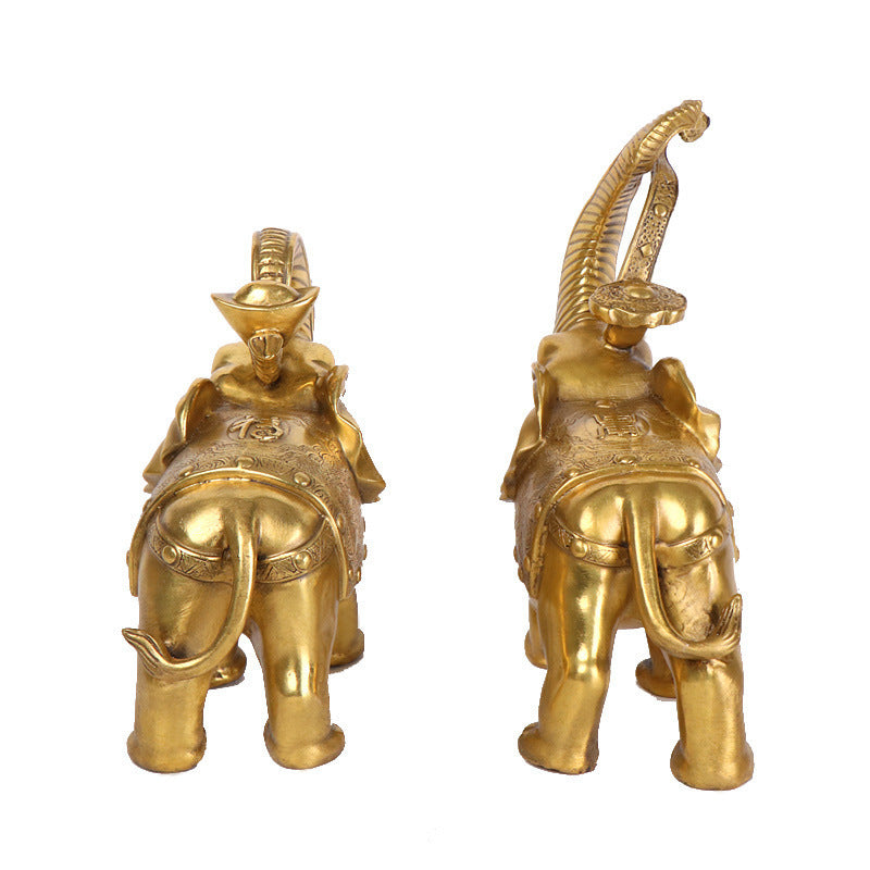 Rear view of Chinese copperware Yuanbao Ruyi elephant pair showing raised trunks, saddle patterns and auspicious back details