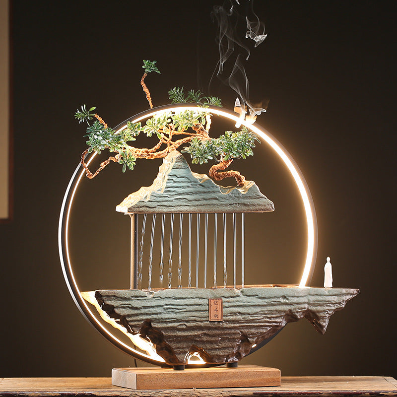 New Chinese Zen rain curtain water fountain with bonsai and warm LED ring