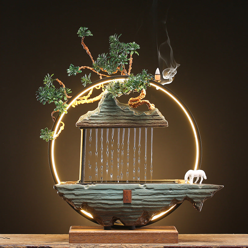 Large ceramic and wood Zen fountain with mountain rain curtain