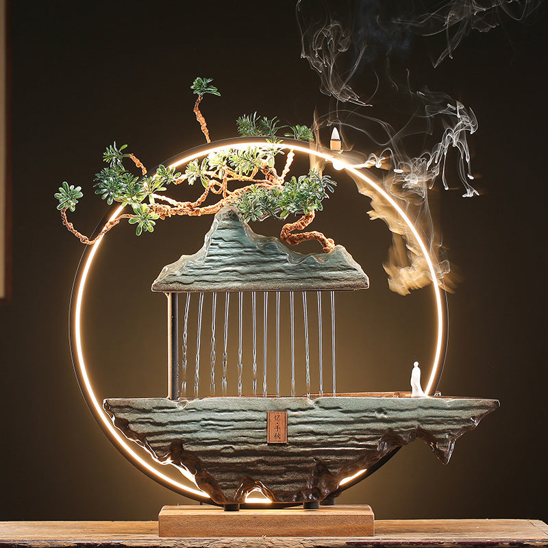 Meditation monk tabletop fountain with illuminated circular frame