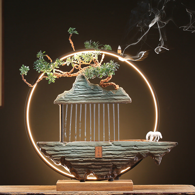 Zen tea monk fountain variant with ceramic mountain and bonsai