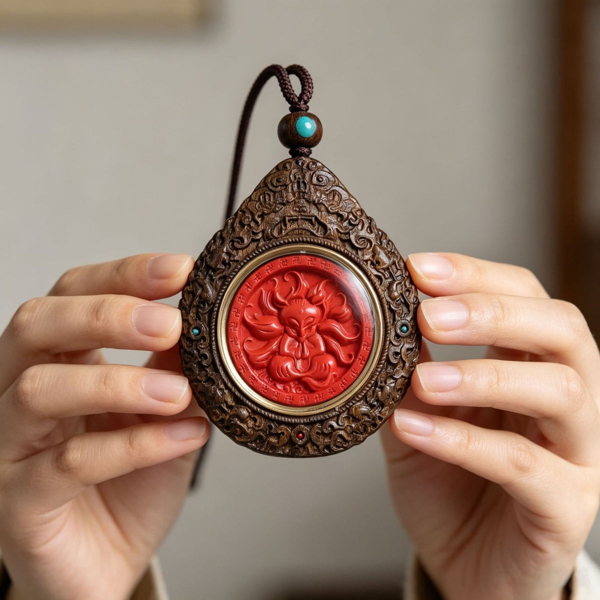 Red zhusha-style nine-tailed fox medallion set in a carved wood teardrop frame with turquoise-tone accents