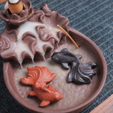Purple Clay Goldfish & Yin-Yang Mice Backflow Incense Burner – Zisha Waterfall Smoke Tray with Stick Holder for Tea Room, Office & Zen Decor