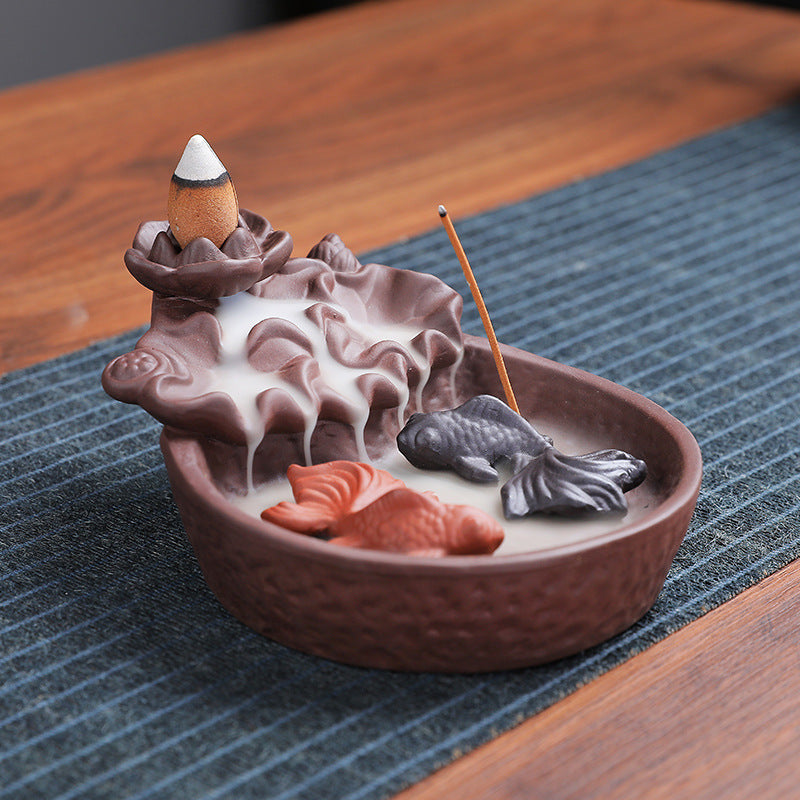 Twin goldfish purple clay backflow incense burner for tea room decor