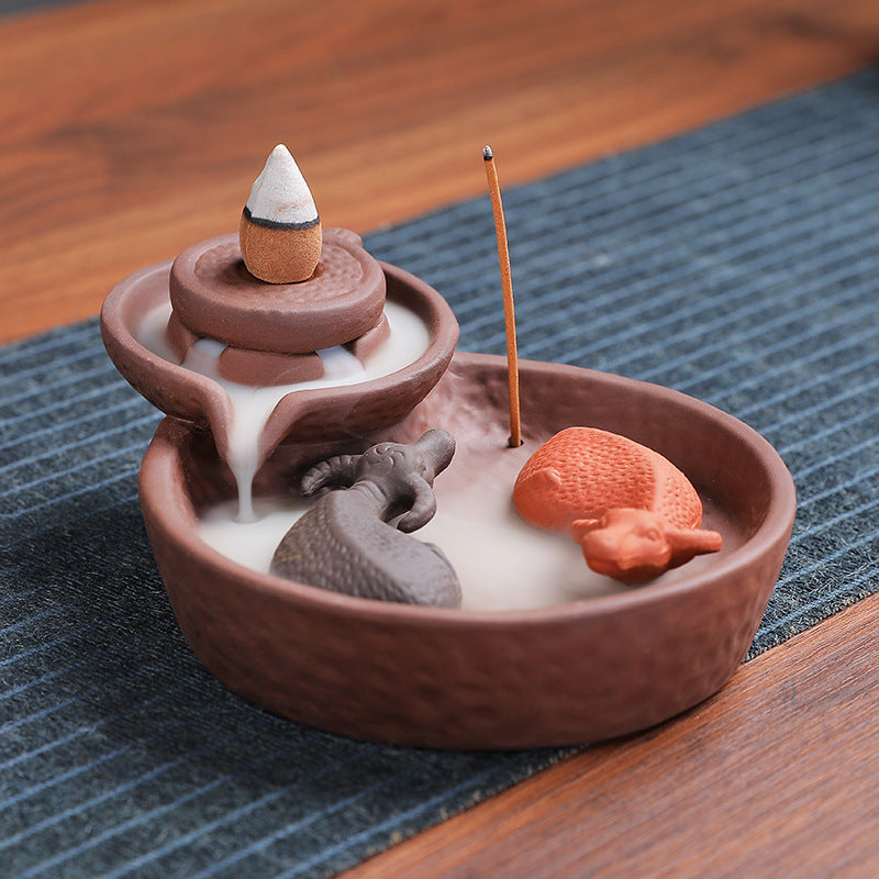 Purple clay yin yang mice backflow incense burner with stick incense holder