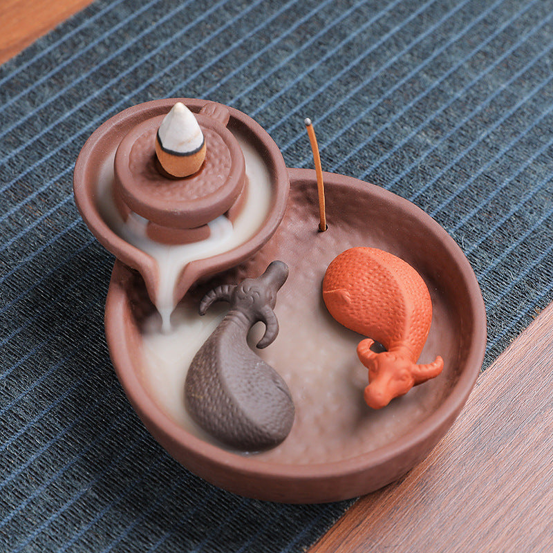 Top view purple clay mice backflow incense tray and smoke channel