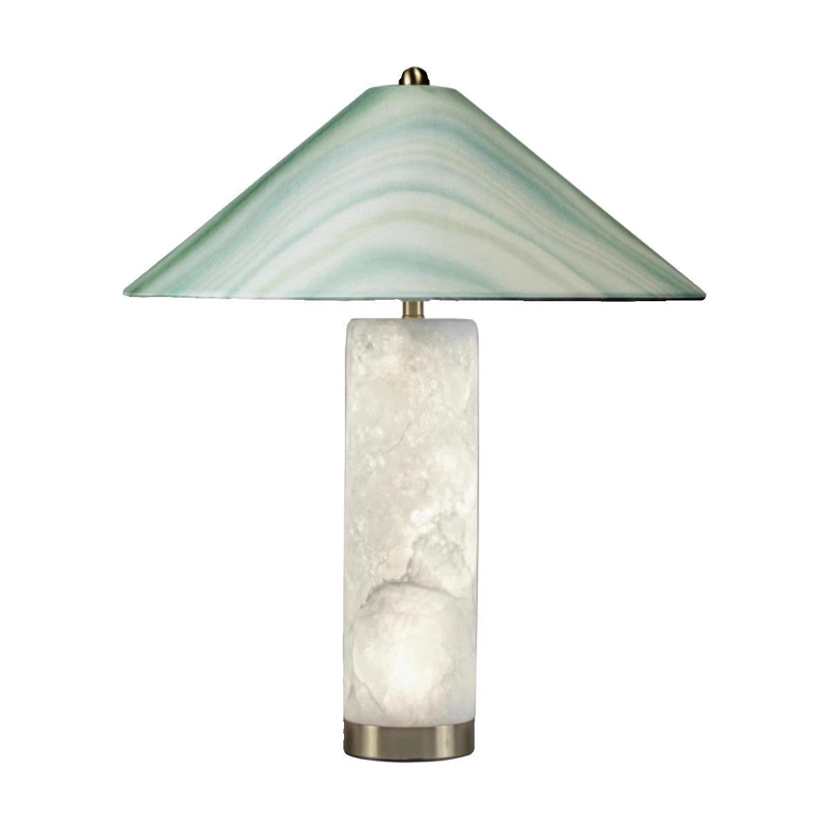 Modern green veined cone shade table lamp with translucent stone-look cylindrical base