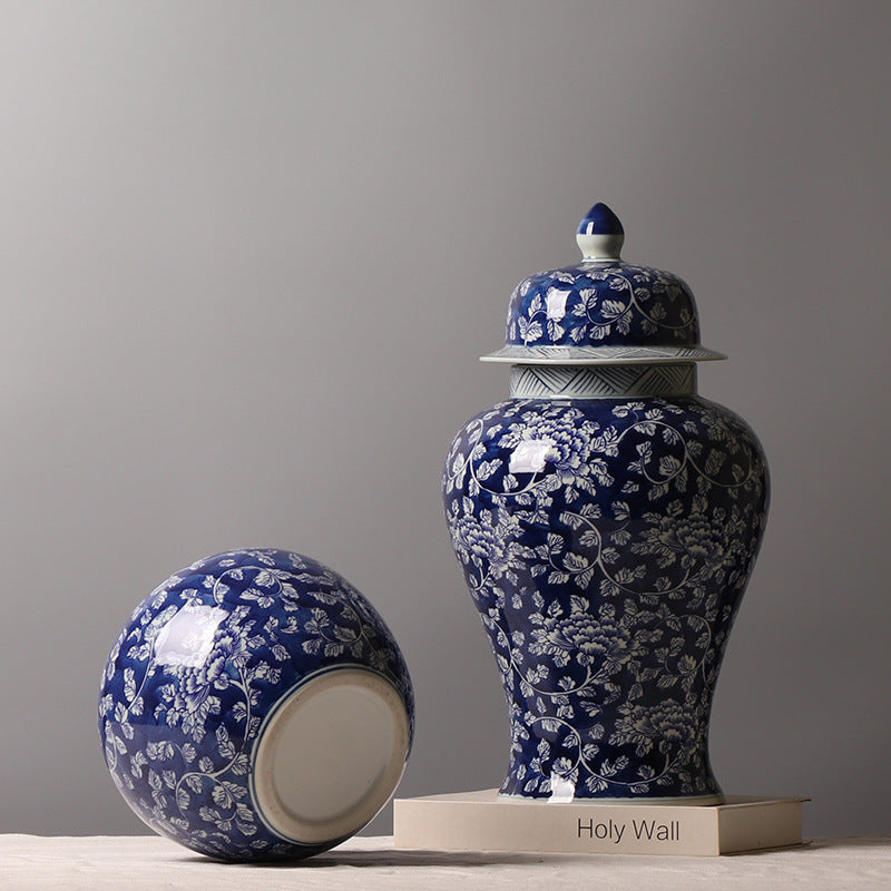 Cobalt blue floral ginger jar pair showing ceramic base detail