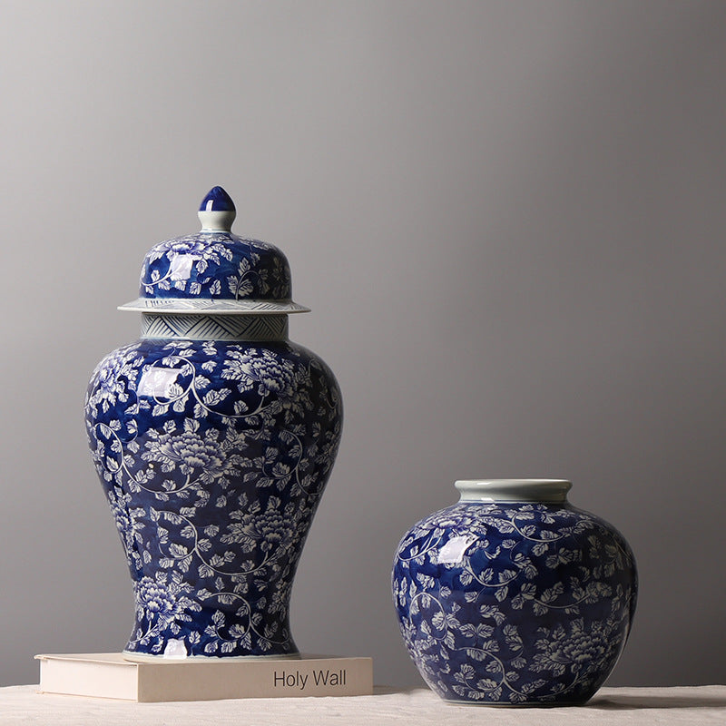Cobalt blue floral ginger jar pair styled on a neutral console