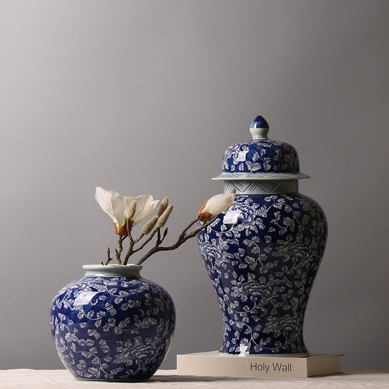 Cobalt blue floral ginger jar pair with open-mouth jar and lidded temple jar