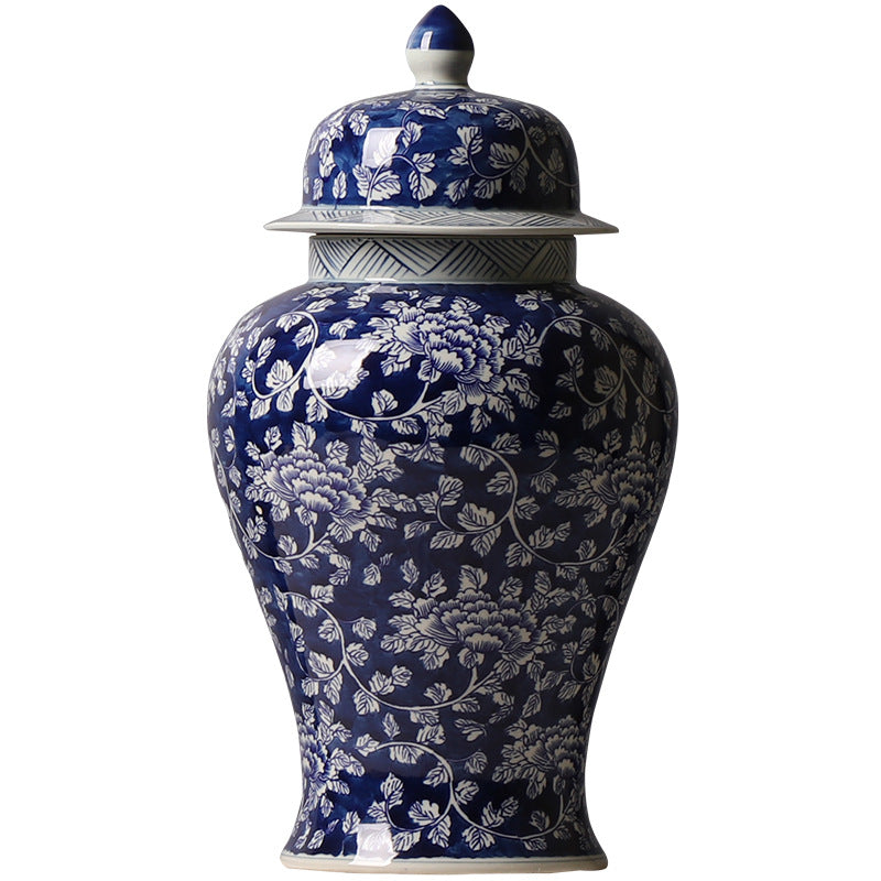 Cobalt blue floral lidded temple jar front view