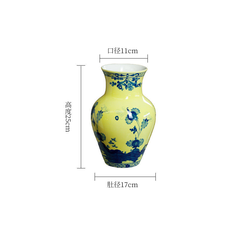 Imperial yellow and cobalt floral ceramic vase, 17 cm wide and 25 cm high