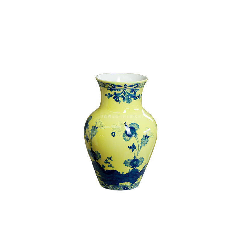 Imperial yellow and cobalt floral ceramic vase