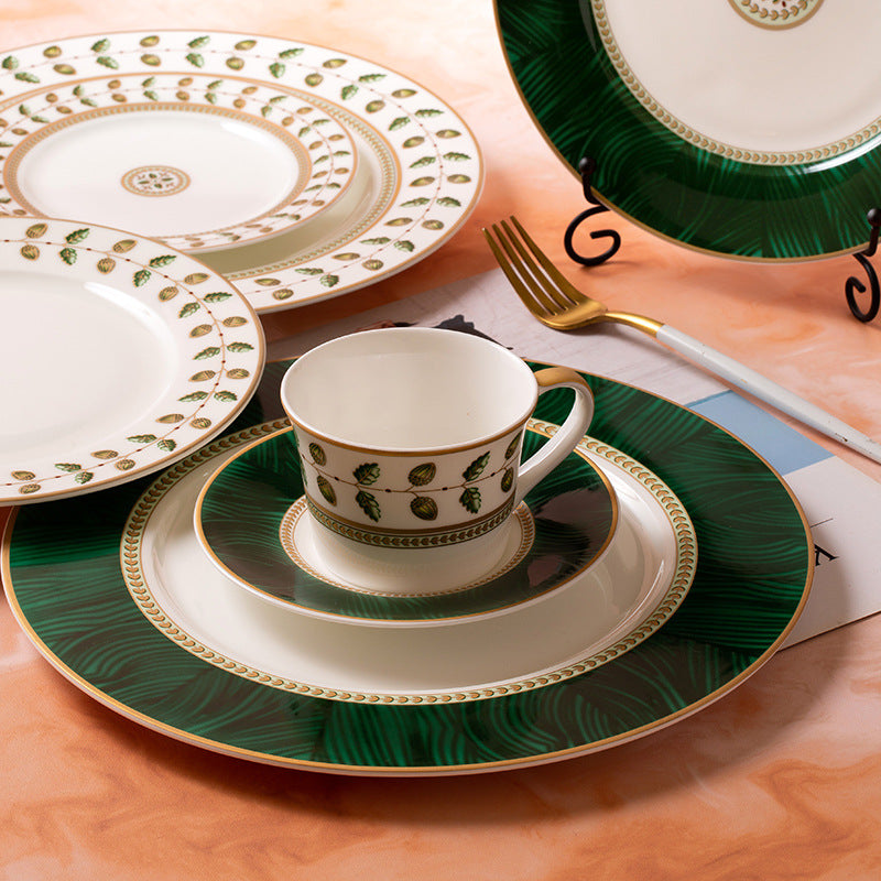 Baitu Constance emerald green and ivory French-style porcelain tableware with botanical vine motifs and gold-tone trim