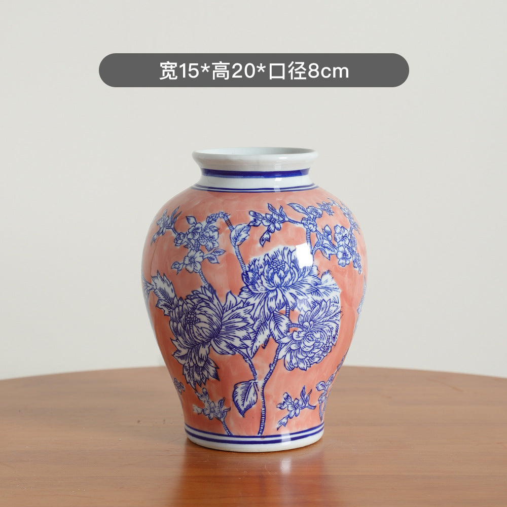 Coral and blue peony baluster vase, 15 cm wide and 20 cm high