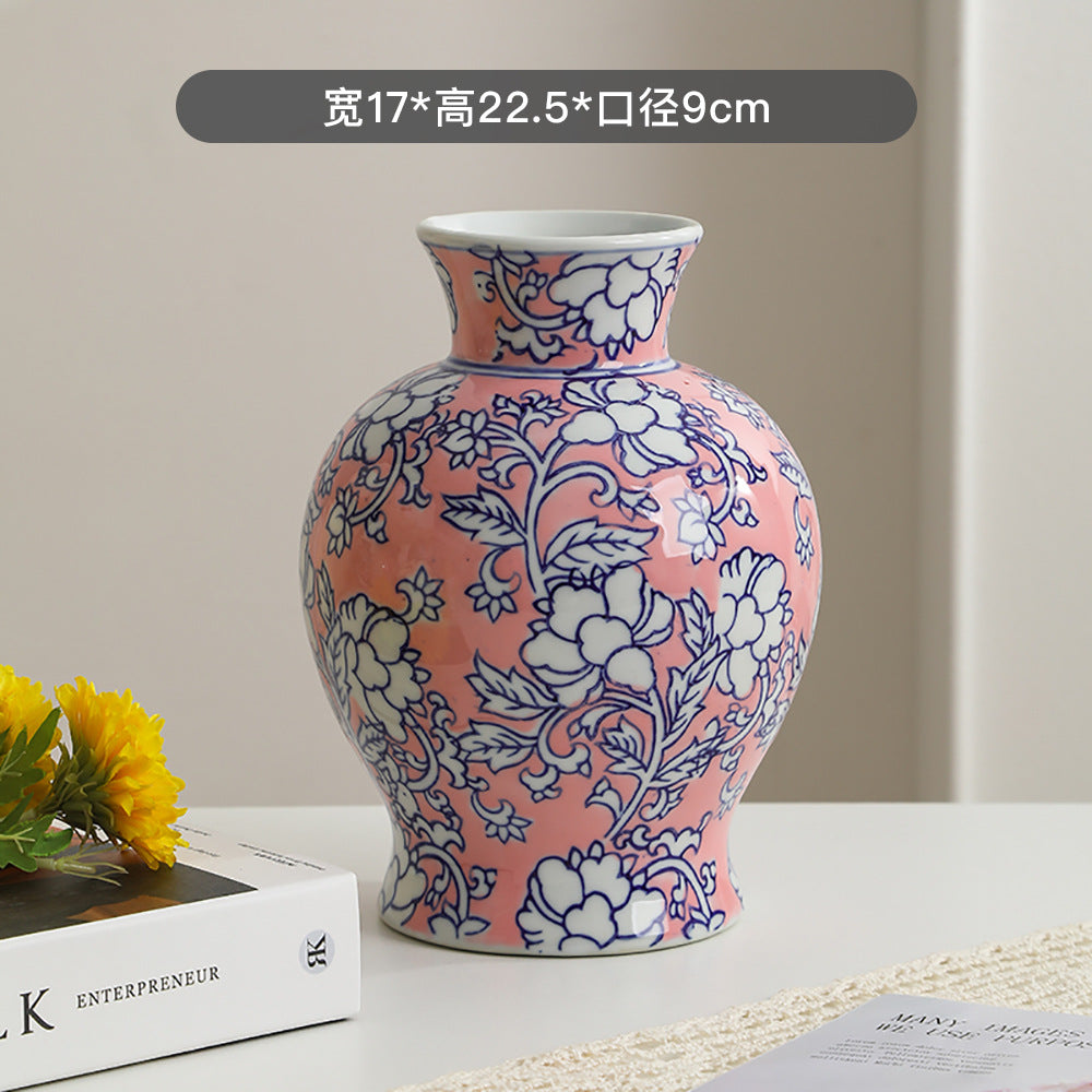 Coral pink and blue peony vase, large, 17 cm wide and 22.5 cm high