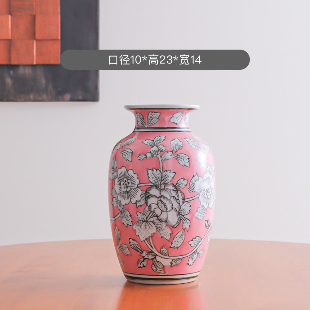 Coral pink and silver peony vase, 14 cm wide and 23 cm high