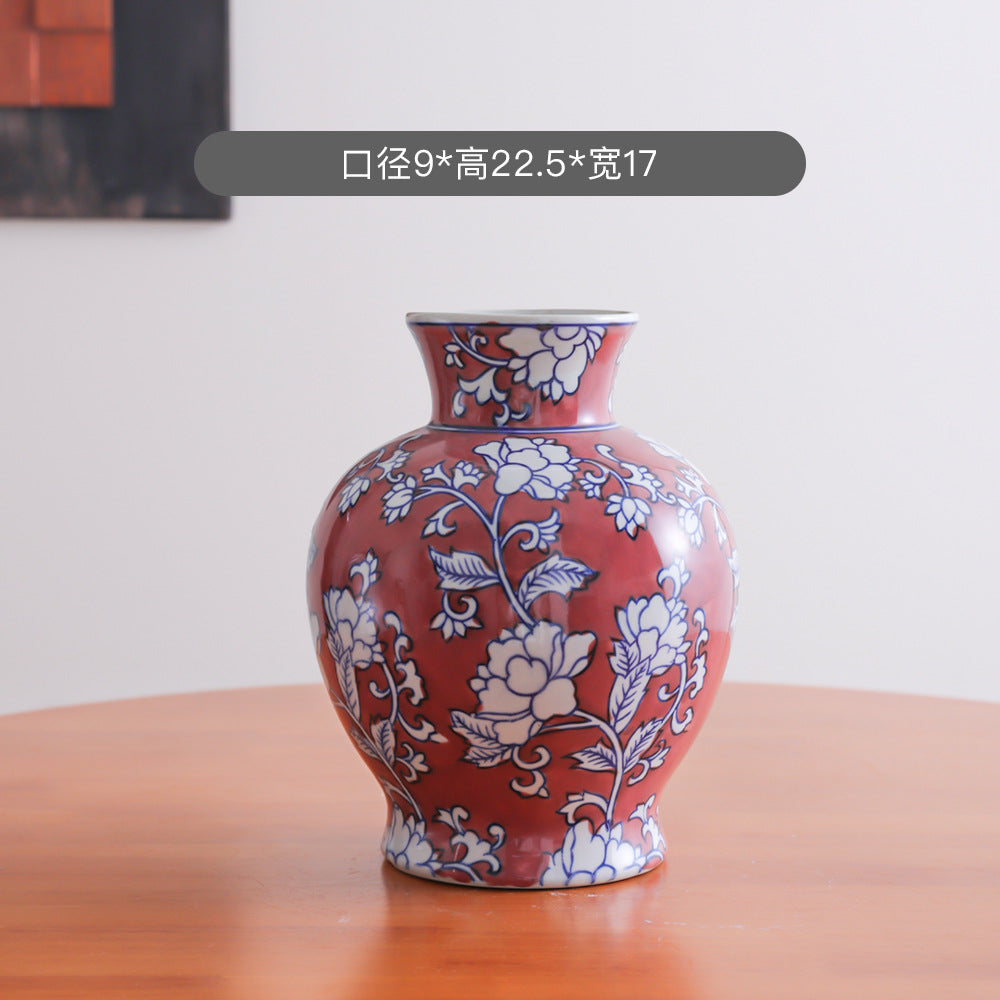 Coral red and blue floral vase, 17 cm wide and 22.5 cm high