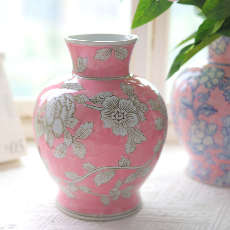Coral red and white floral Chinoiserie ceramic vase, 23 cm high