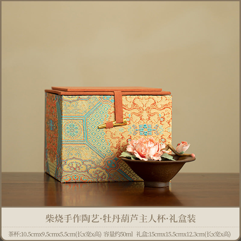 Handcrafted Wood-Fired Peony Gourd Anti-Scald Master Teacup - 85ml Gift Box Suite
