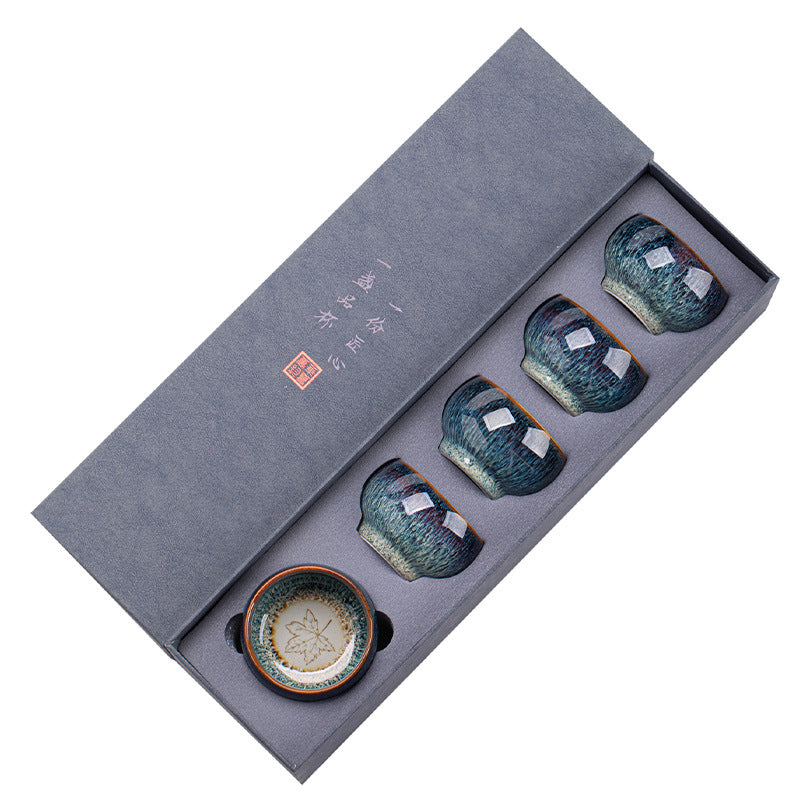 Authentic Flambé Tenmoku Jianzhan Ceramic Teacup 5-Piece Gift Set - Luxury Brocade Vault