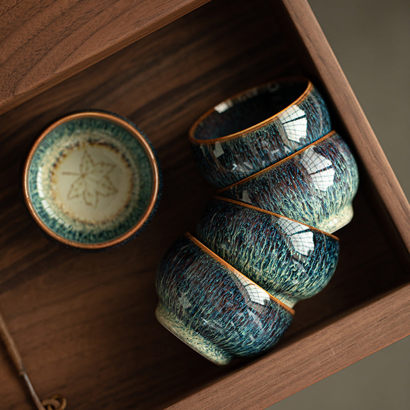 Authentic Flambé Tenmoku Jianzhan Ceramic Teacup 5-Piece Gift Set - Luxury Brocade Vault