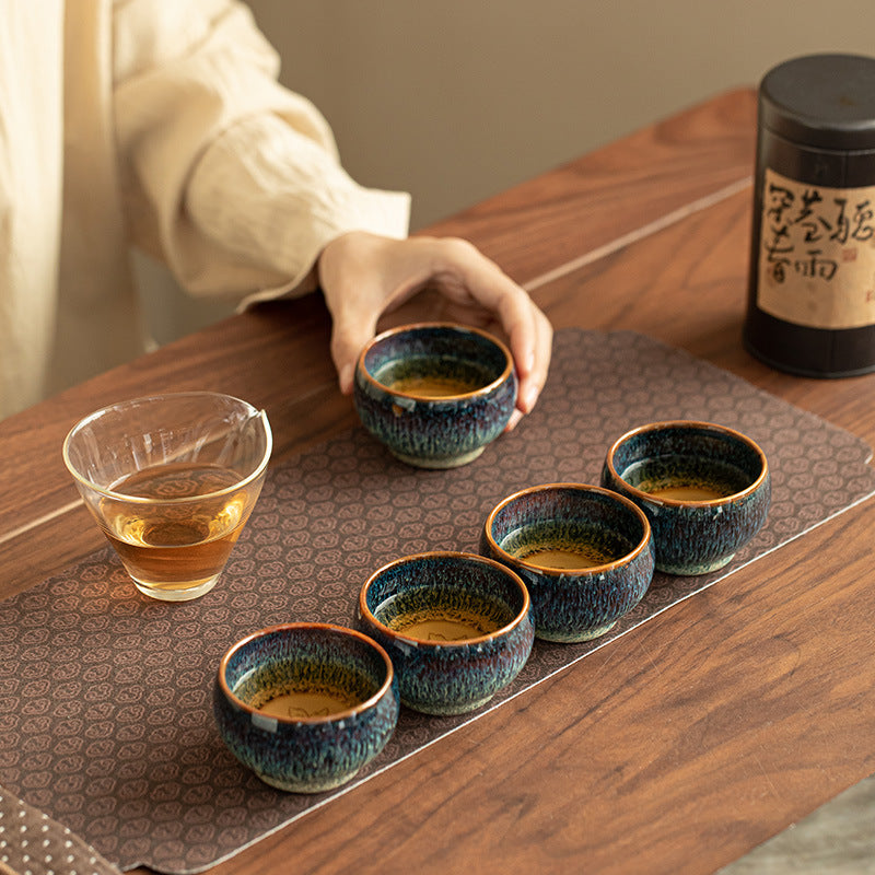 Authentic Flambé Tenmoku Jianzhan Ceramic Teacup 5-Piece Gift Set - Luxury Brocade Vault
