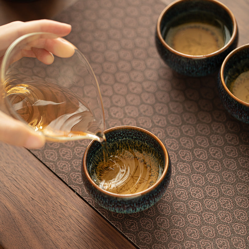 Authentic Flambé Tenmoku Jianzhan Ceramic Teacup 5-Piece Gift Set - Luxury Brocade Vault